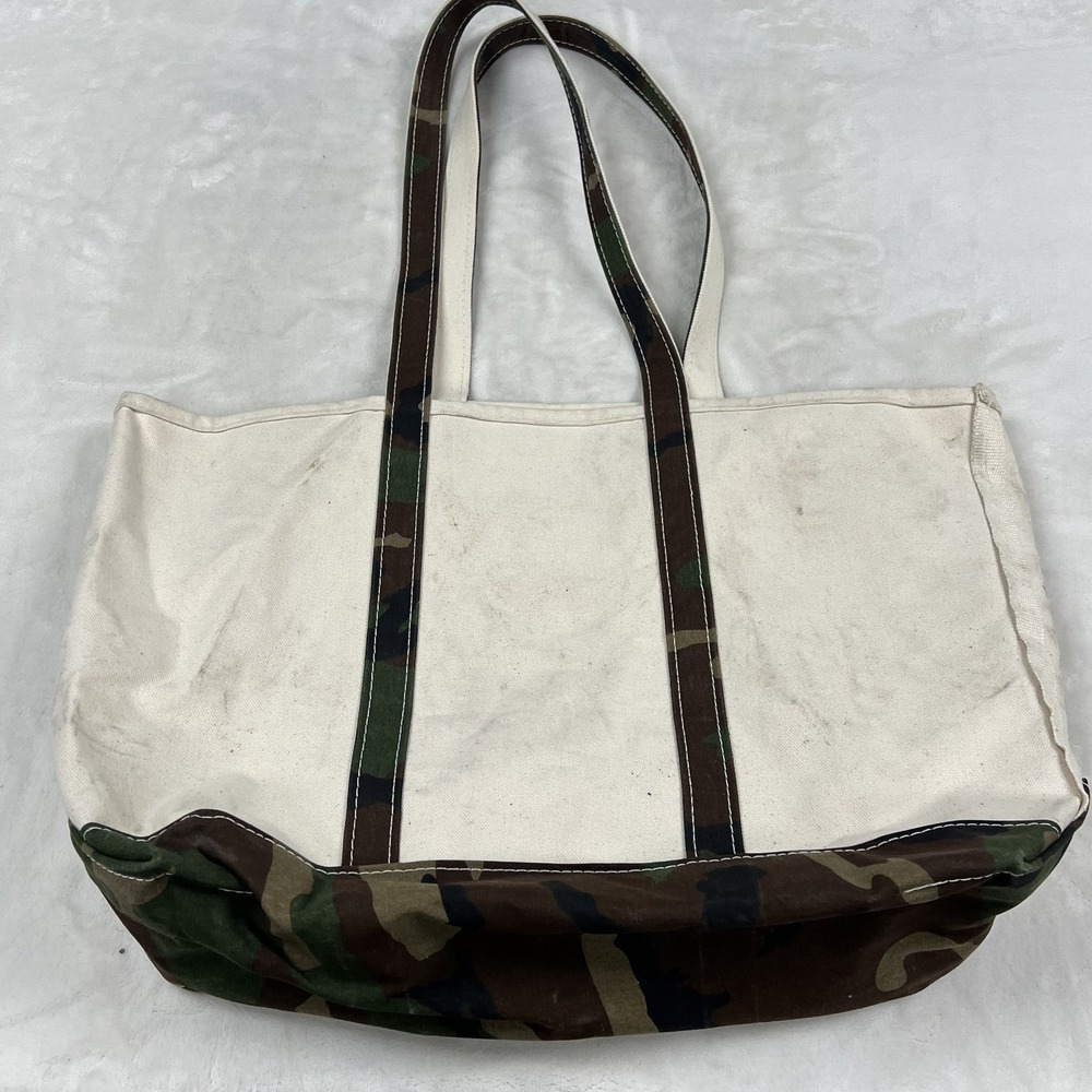 LL Bean Boat and Tote Unisex Large Cream Camo Canvas Shoulder Bag Made in USA